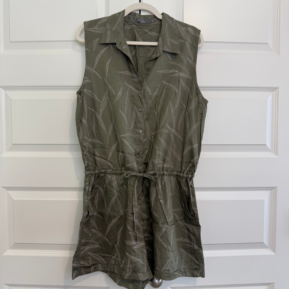 prAna | Sleeveless Romper in‎ Olive Green Leaf Print